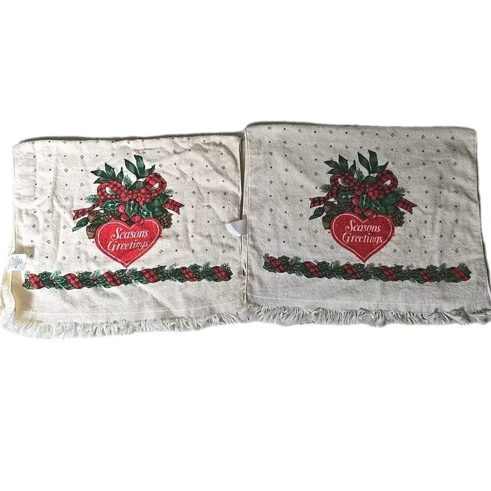 Set 2 VTG MCM Royal Terry‎ Season Greetings Christmas Cotton Fringe Hand Towels